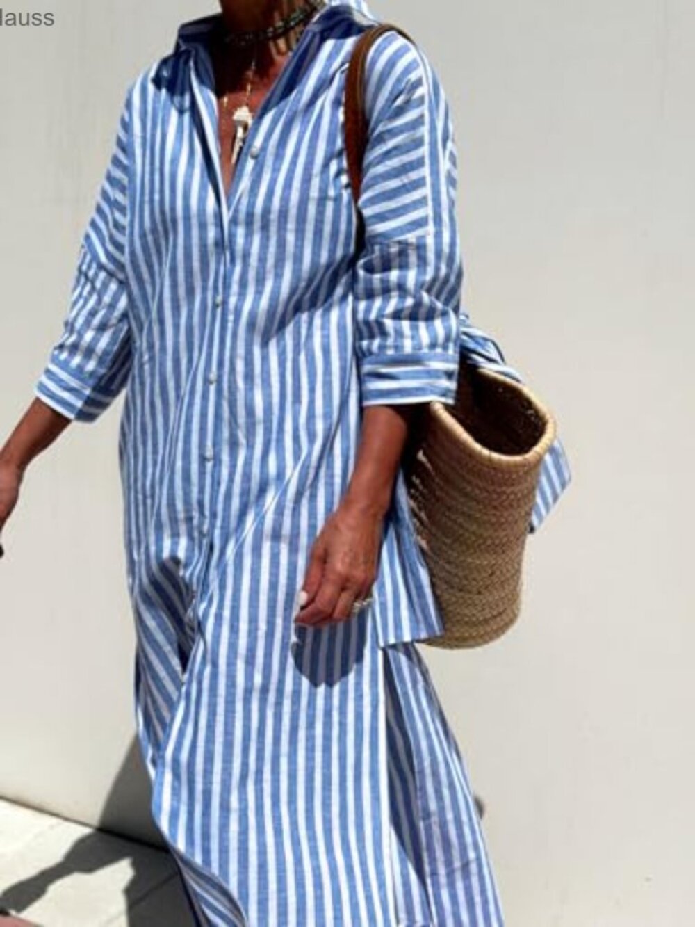 Women's Maxi Shirt Dress 3/4 Sleeve Button Down Belted Casual Vacation - Picture 4 of 6